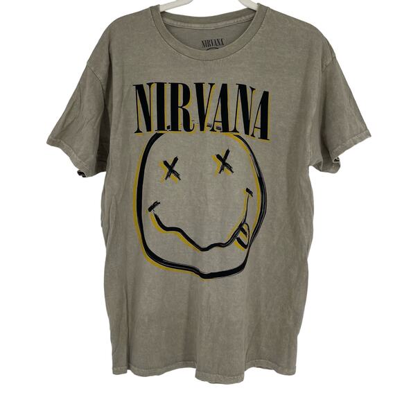 Officially Licensed Nirvana Nevermind Smiley Grunge Tee Beige Acid Wash Large - Picture 5 of 5